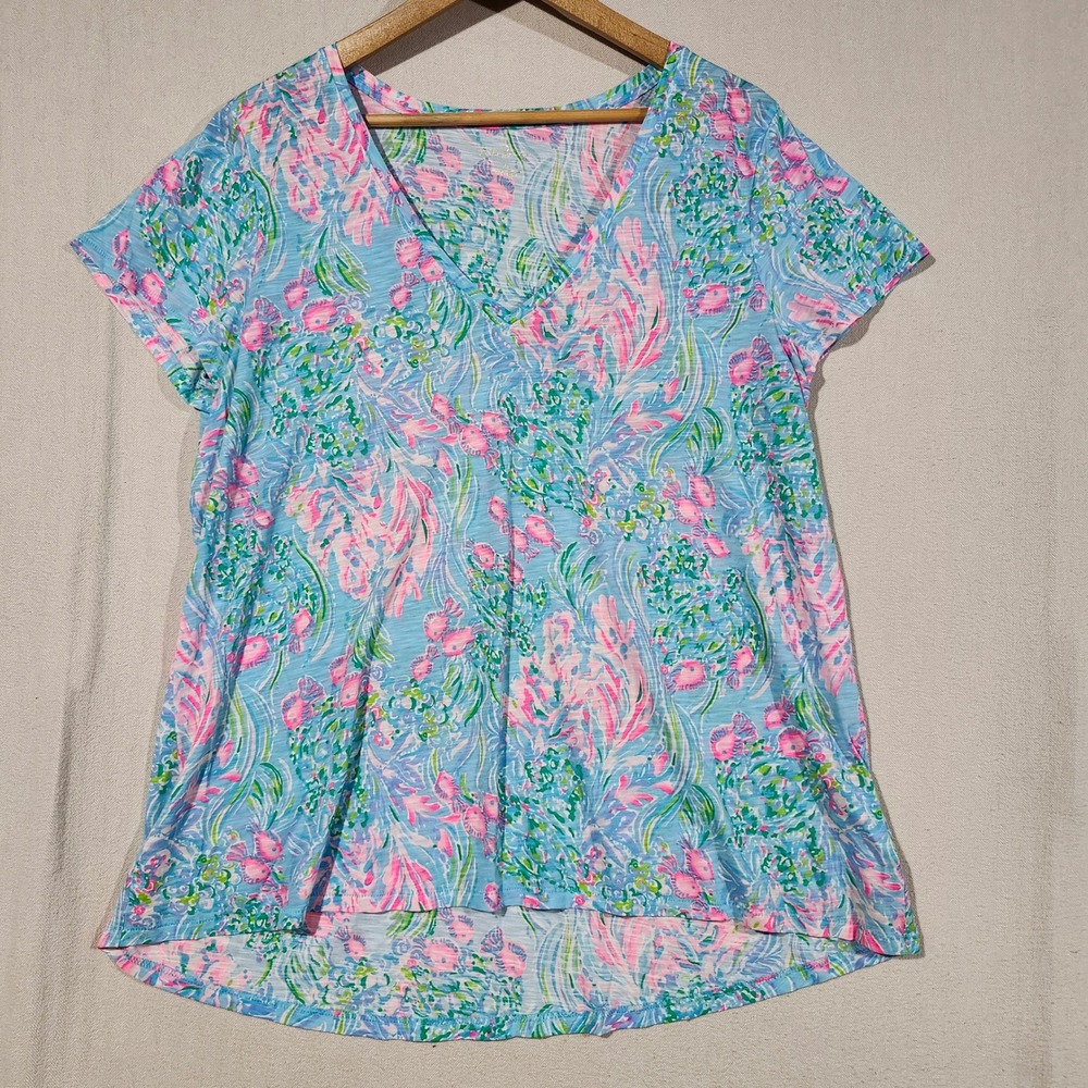 Lilly Pulitzer Etta V-Neck T-Shirt XL Blue Pink Tropical Fish Slub Cotton Preppy